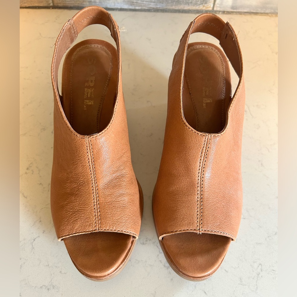 Sorel Nadia Camel Brown Leather Slingbacks Wedge Heeled Sandals - Picture 12 of 14